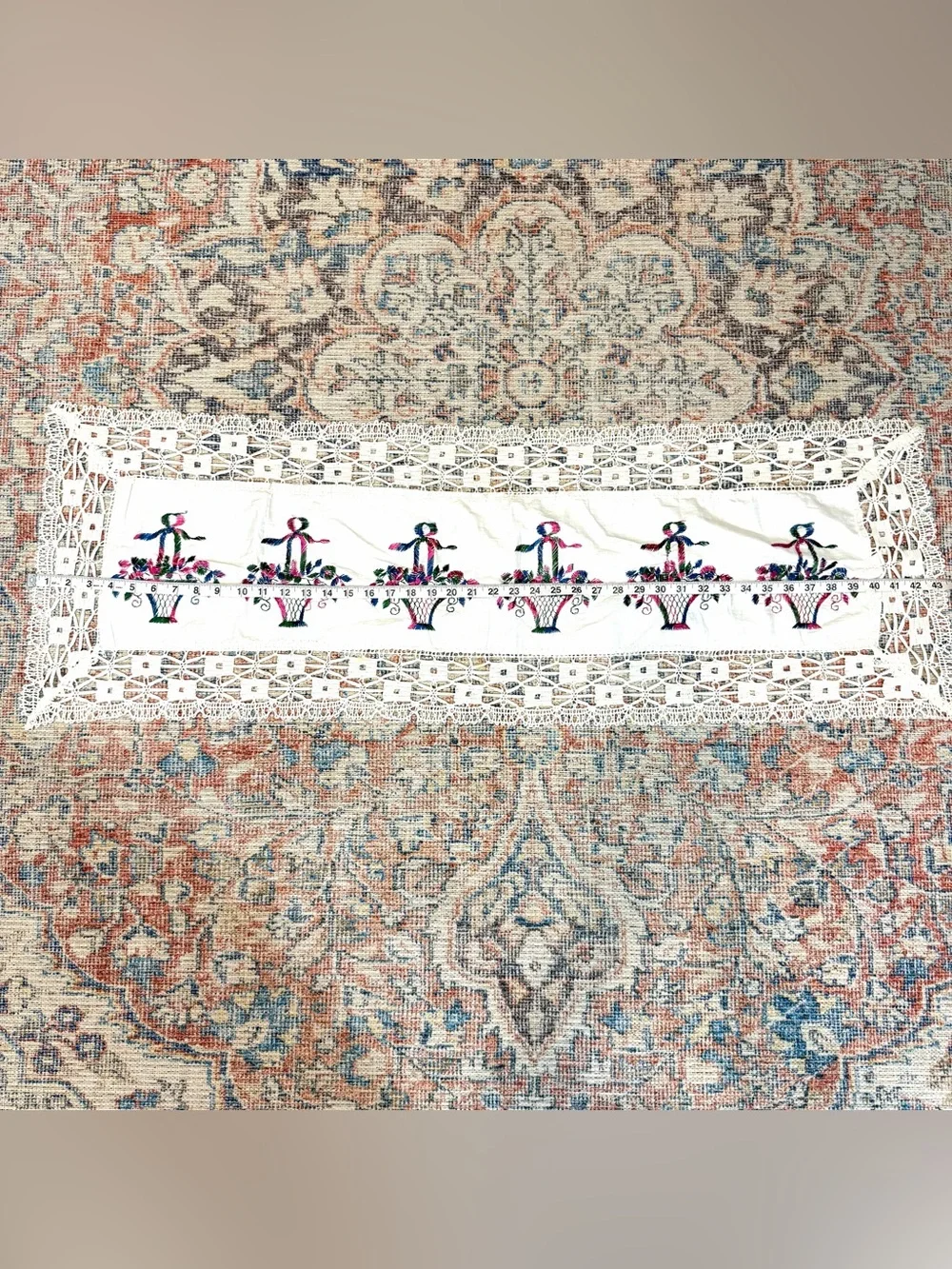 Vintage Handmade Wedding Basket Embroidered Lace Table Runner 43x14 Linen